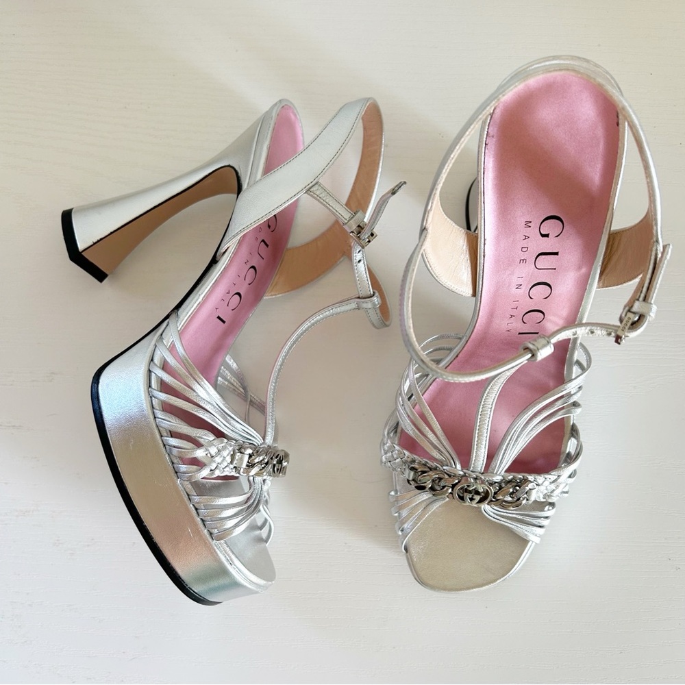 Gucci Silver GG Chain Platform Heels Strappy Sandals Size EU 37.5